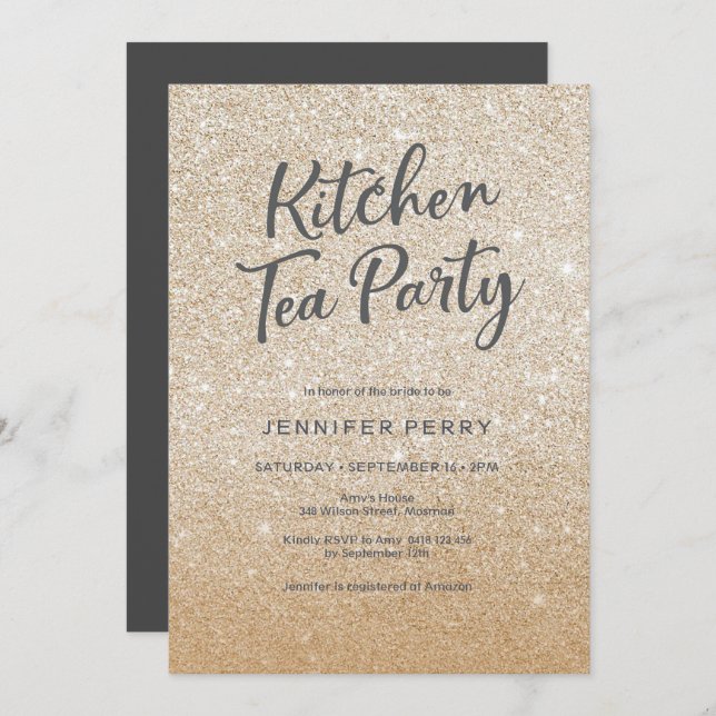 Kitchen Tee Party Einladung - GOLD Glitzer (Vorne/Hinten)