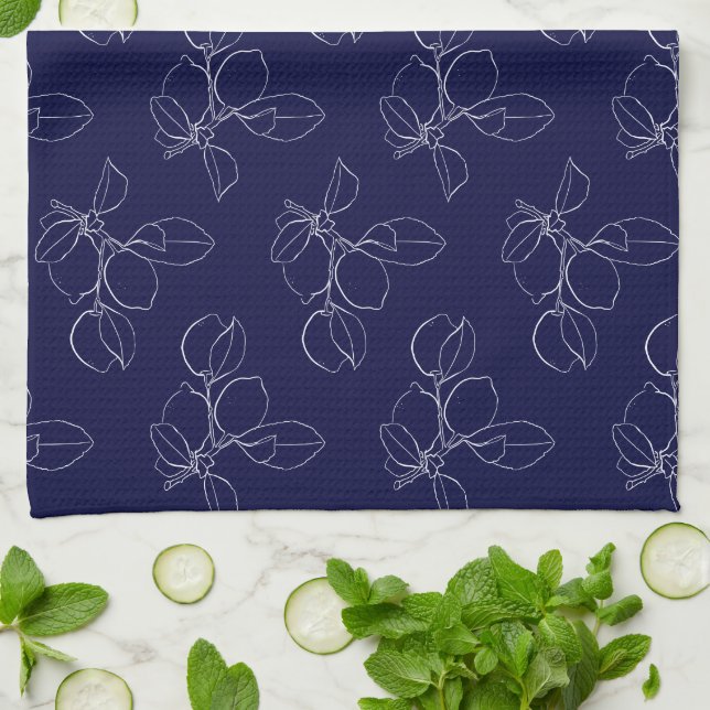 Kitchen Towel - Blue And White Lemons Pattern Geschirrtuch (Gefaltet)