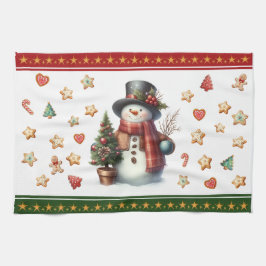 Kitchen Towel Snowman and Christmas Cookies Red Geschirrtuch