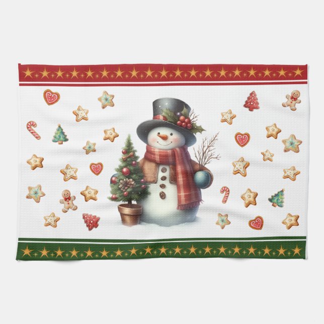 Kitchen Towel Snowman and Christmas Cookies Red Geschirrtuch (Horizontal)