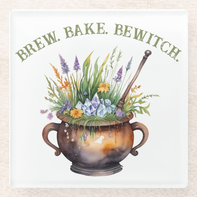 Kitchen Witch Brau Back Zauber Kessel Glasuntersetzer (Vorderseite)