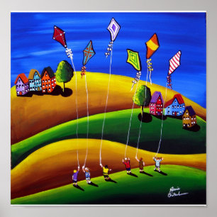 Kite Flyer Folk Art Whimsical Canvas Print Poster