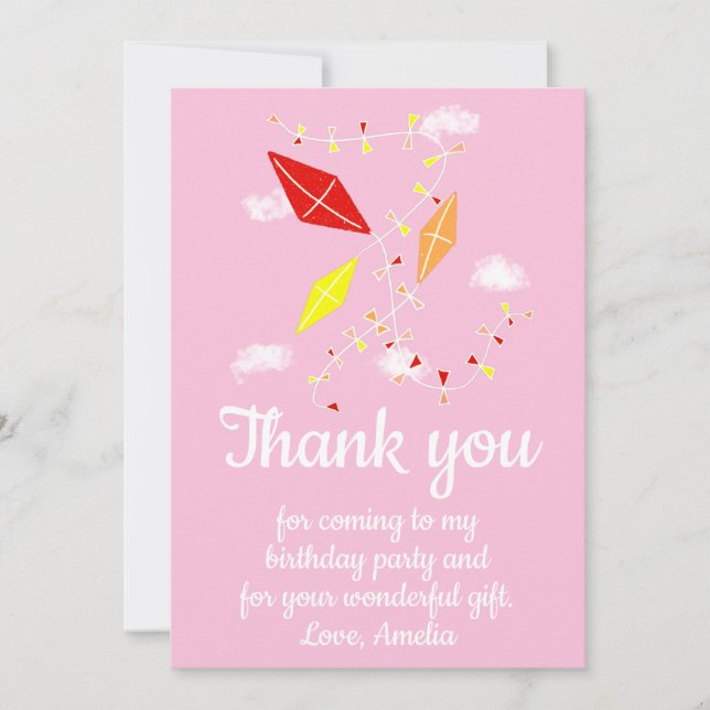 Kites in Sky Pink Girl Birthday Dankeskarte (Vorderseite)