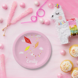 Kites in Sky Pink Girl Happy Birthday Party Pappteller