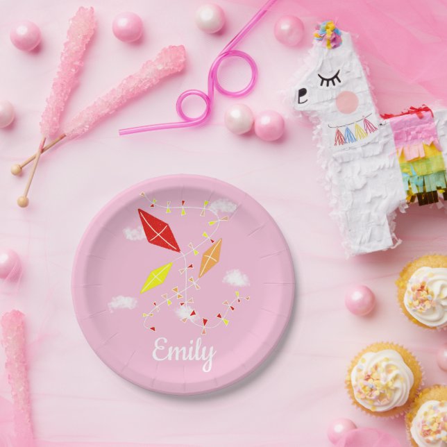 Kites in Sky Pink Girl Happy Birthday Party Pappteller (Party)