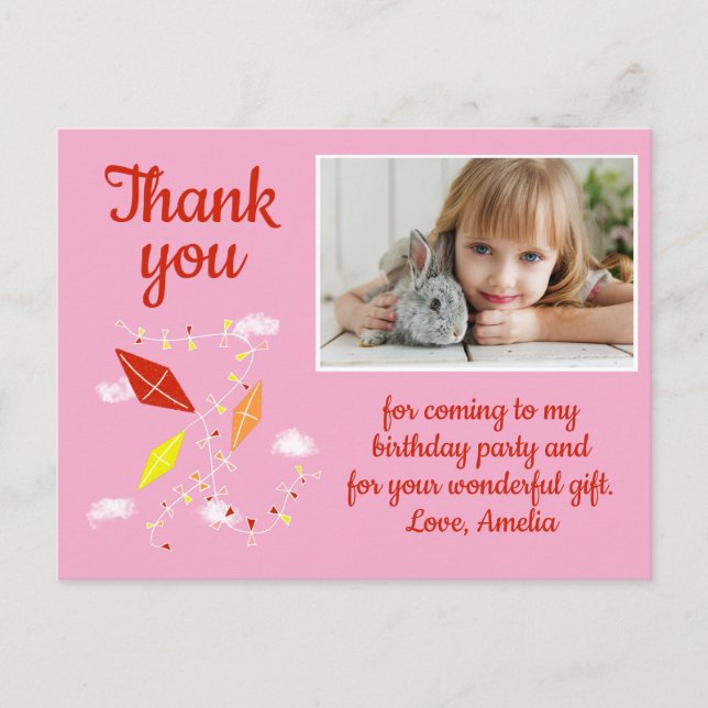 Kites in Sky Pink Girl Photo Birthday Postkarte (Vorderseite)