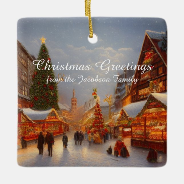 Kitsch German Style Market Weihnachtsgrüße Keramikornament (Vorderseite)