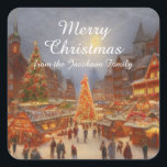 Kitsch Nostalgic German Christmas Market Greetings Quadratischer Aufkleber<br><div class="desc">Frohe Weihnachten! Ein nostalgisches kitschiges Design,  das viele Dorfbewohner in einem schneebedeckten Dorf mit einem Weihnachtsmarkt im deutschen Stil begeistert. Fühlen Sie sich frei,  um die Hauptgrüße,  und (natürlich) Ihren eigenen Familiennamen anpassen.</div>