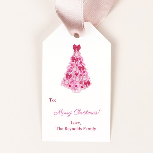 Kitsch Pink Weihnachtsbaum Red Bows Holidays Geschenkanhänger (Pink holidays tree decorated in red baubles and bows merry christmas gift tags)