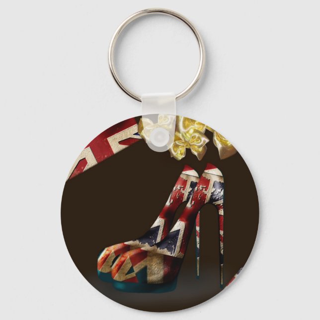 Kitsch Union Jack Stiletto Schuhe und Goldbuggesch Schlüsselanhänger (Vorderseite)