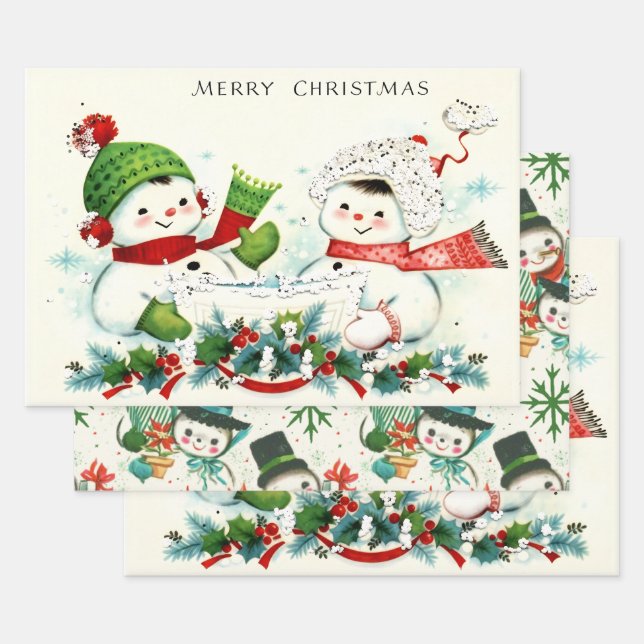 Kitschige Retro-Schneemänner Geschenkpapier Set (Set)