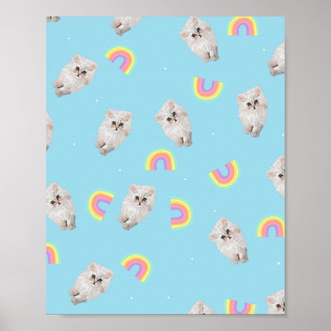Kitschy Pastel Aesthetic Cat Kitten Rainbows Blue Poster (Vorne)