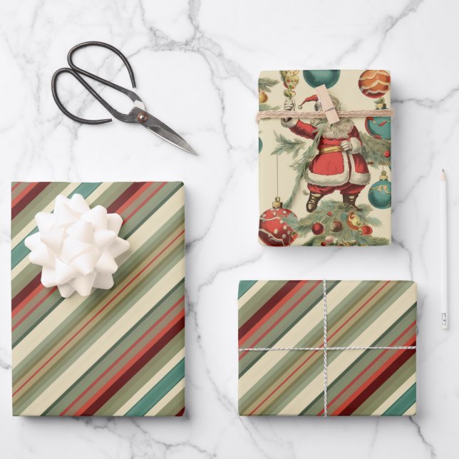 Kitschy Santa and Ornaments Complimentary Stripes Geschenkpapier Set (Vorderseite)