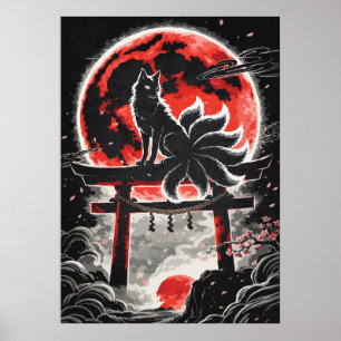 Kitsune am Torii im roten Mond - Japanische Kunst Poster