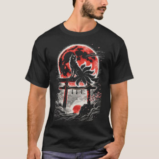 Kitsune am Torii im roten Mond - Japanische Kunst T-Shirt
