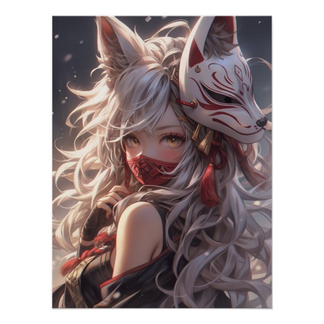Kitsune Fox Mask Samurai Girl Japanisch Poster (Vorderseite)