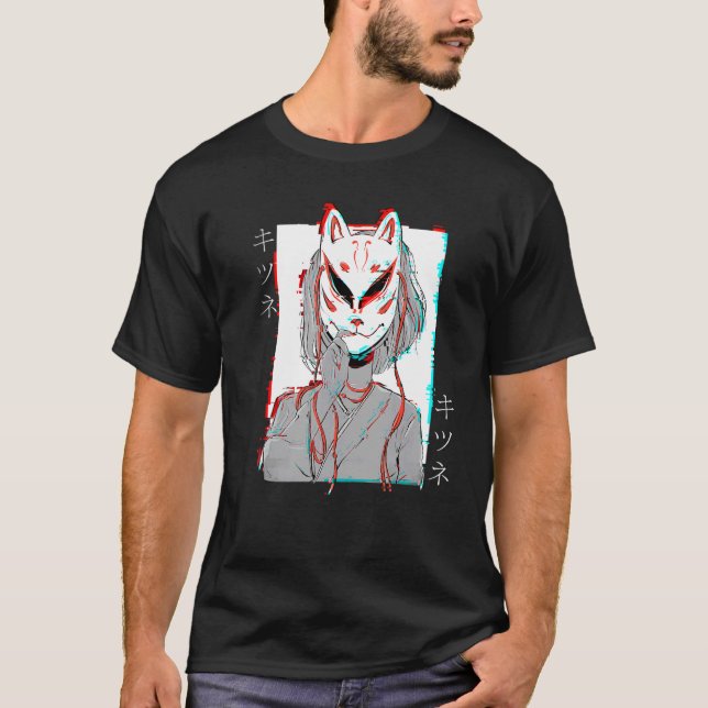 Kitsune Fox Maske Vaporwave Glitch Japan Style T-Shirt (Vorderseite)
