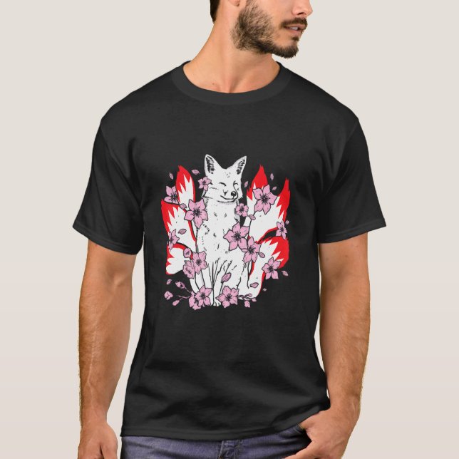 Kitsune fox with japanese kitsune and cherry bloss T-Shirt (Vorderseite)