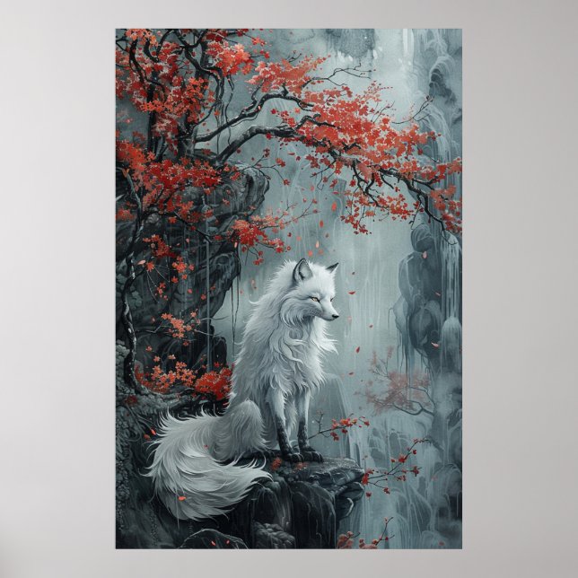 Kitsune-Geist – Japanischer Fuchs im blühenden Wal Poster (Vorne)