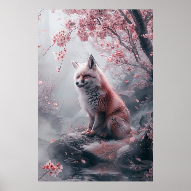 Kitsune-Geist – Japanischer Fuchs im blühenden Wal Poster (Vorne)