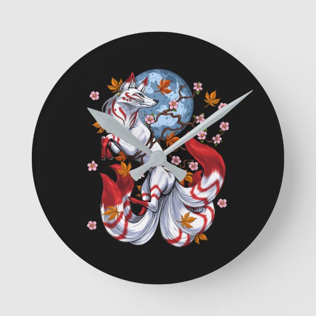 Kitsune Japanese Fox Runde Wanduhr (Vorderseite)