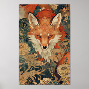 Kitsune japanische Fox Illustration in Mucha Style Poster
