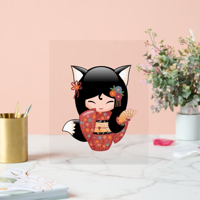 Kitsune Kokeshi Doll - Black Fox Geisha Girl Acrylschild (Hochzeit)