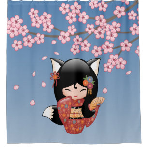 Kitsune Kokeshi Doll Black Fox Geisha Girl Blue Duschvorhang
