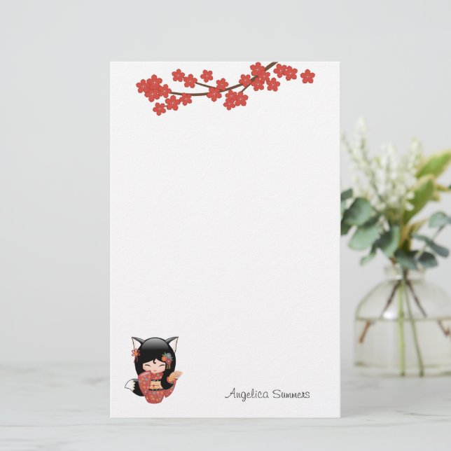 Kitsune Kokeshi Doll - Black Fox Geisha Girl Briefpapier (Stehend Vorderseite)
