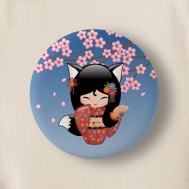 Kitsune Kokeshi Doll - Black Fox Geisha Girl Button (Von Creator hochgeladen)