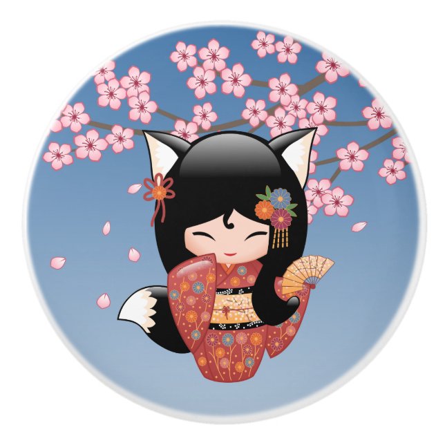 Kitsune Kokeshi Doll - Black Fox Geisha Girl Keramikknauf (Vorderseite)