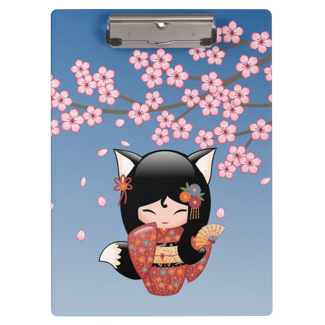 Kitsune Kokeshi Doll - Black Fox Geisha Girl Klemmbrett (Vorderseite)