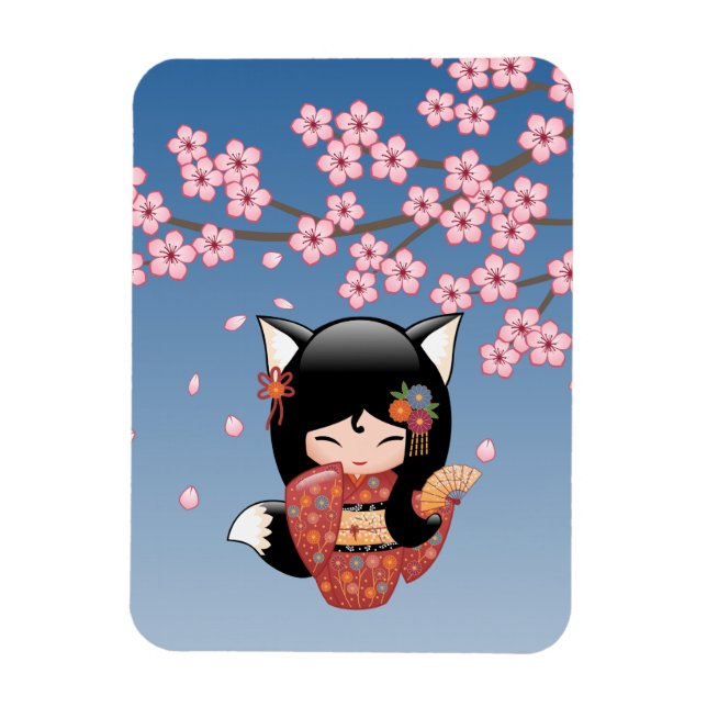 Kitsune Kokeshi Doll - Black Fox Geisha Girl Magnet (Vertikal)
