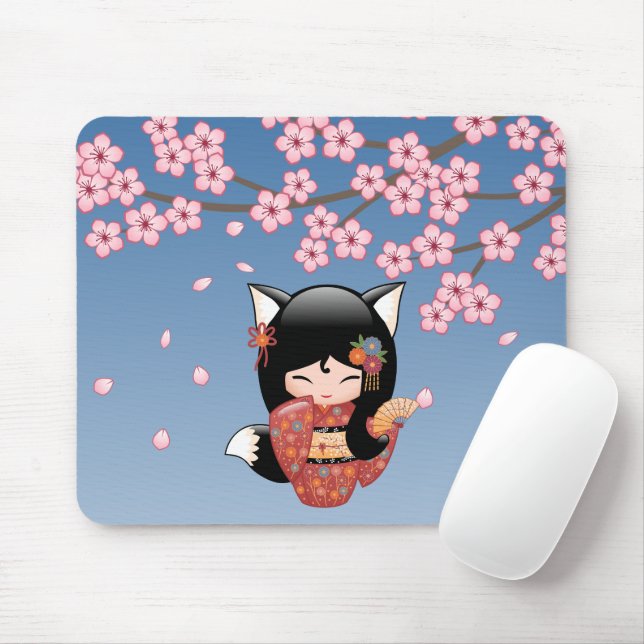 Kitsune Kokeshi Doll - Black Fox Geisha Girl Mousepad (Mit Mouse)