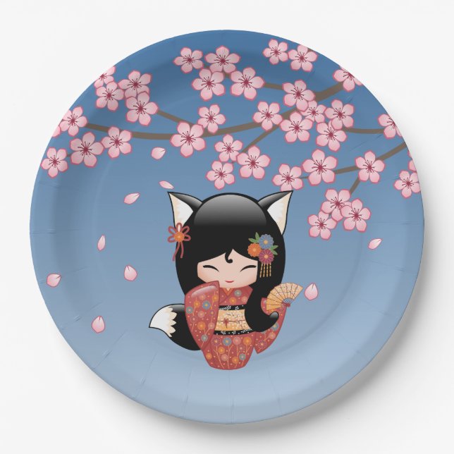 Kitsune Kokeshi Doll - Black Fox Geisha Girl Pappteller (Vorderseite)