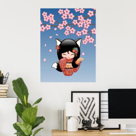 Kitsune Kokeshi Doll - Black Fox Geisha Girl Poster