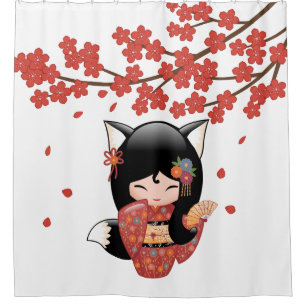 Kitsune Kokeshi Doll Black Fox Geisha Girl Red Duschvorhang