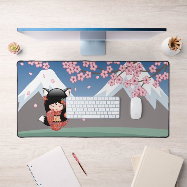 Kitsune Kokeshi Doll - Black Fox Geisha Girl Schreibtischunterlage (Büro 1)