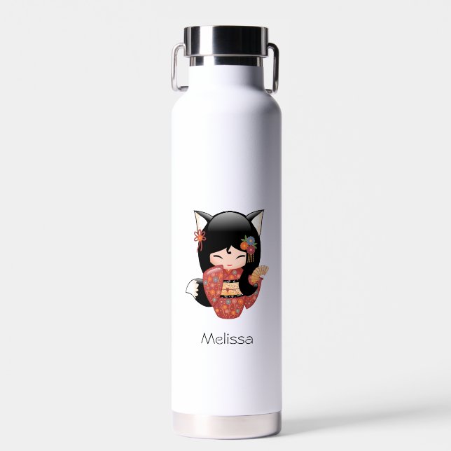 Kitsune Kokeshi Doll - Black Fox Geisha Girl Trinkflasche (Vorne)