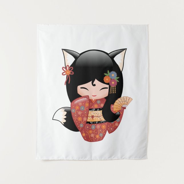 Kitsune Kokeshi Doll - Black Fox Geisha Girl Wandteppich (Vorderseite)