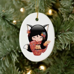 Kitsune Kokeshi Doll - Black Fox Geisha Keramik Ornament