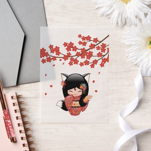 Kitsune Kokeshi Doll Black Fox Geisha Red Insert (Hochzeit)
