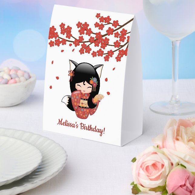Kitsune Kokeshi Doll Black Fox Geisha Red Tischaufsteller (In Situ (Hochzeit))