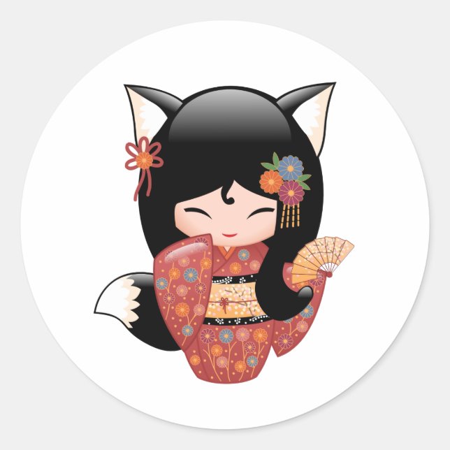 Kitsune Kokeshi Doll - Black Fox Girl Runder Aufkleber (Vorderseite)