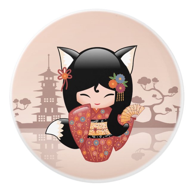 Kitsune Kokeshi Doll - Niedlich Black Fox Girl Keramikknauf (Vorderseite)