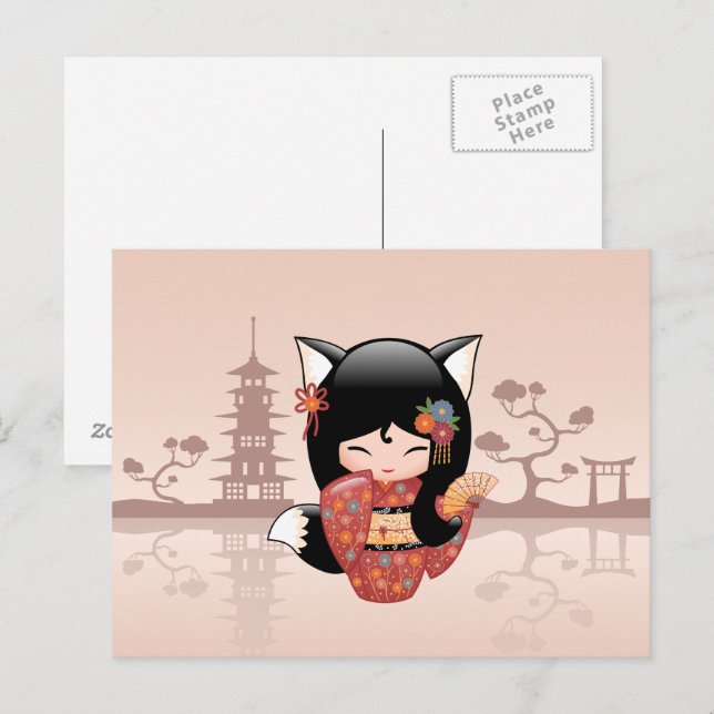 Kitsune Kokeshi Doll - Niedlich Black Fox Girl Postkarte (Vorne/Hinten)