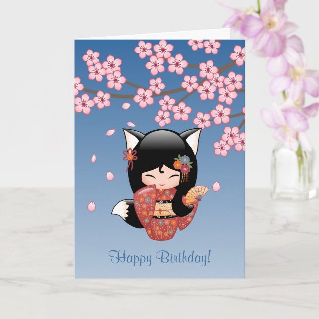 Kitsune Kokeshi Puppe - schwarzer Karte (Orchidee)