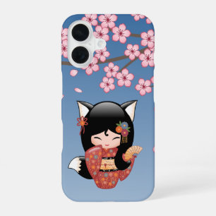 Kitsune Kokeshi Puppe - Schwarzes Fuchs-Geisha-Mäd iPhone 16 Hülle