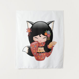 Kitsune Kokeshi Puppe - Schwarzes Fuchs-Geisha-Mäd Wandteppich