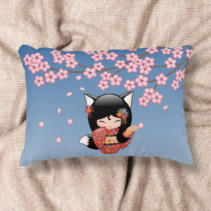 Kitsune Kokeshi Puppe - Schwarzes Fuchs-Geisha-Mäd Zierkissen